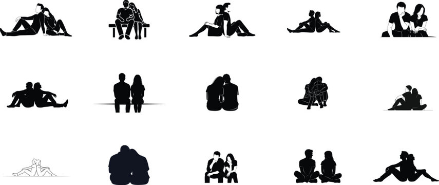 Collection of black silhouettes of people in various poses and interactions