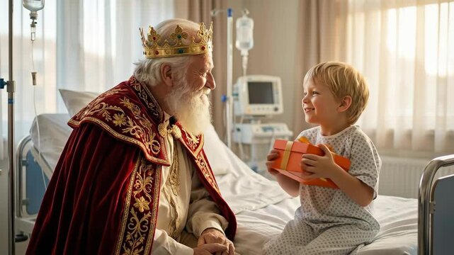 Wise man king visiting smiling sick child in hospital bed giving gift representing epiphany charity and hope during three kings day celebration