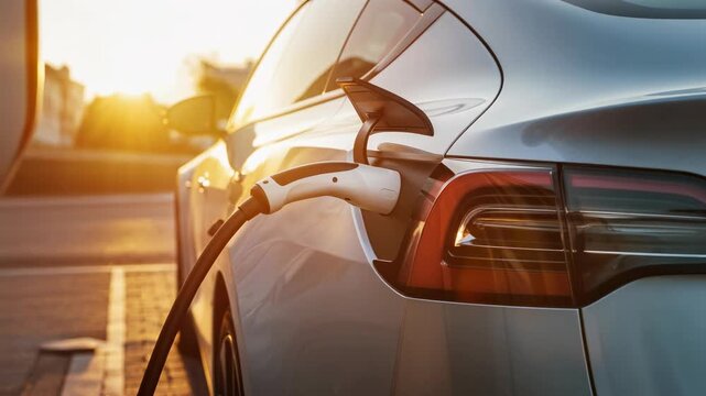 Electric vehicle charging station at sunset with sleek modern car