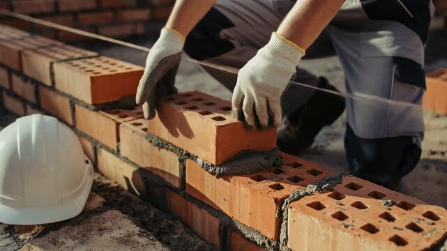 Skilled Masonry Work in Construction Site with Bricklaying and Safety Gear