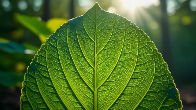 Close-up of a vibrant green leaf showcasing intricate vein patterns and textures in natural sunlight