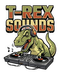 T-rex dj cartoon vector illustration with headphones, ideal for music-themed apparel prints, playful web designs, and vibrant promotional content. © Talia