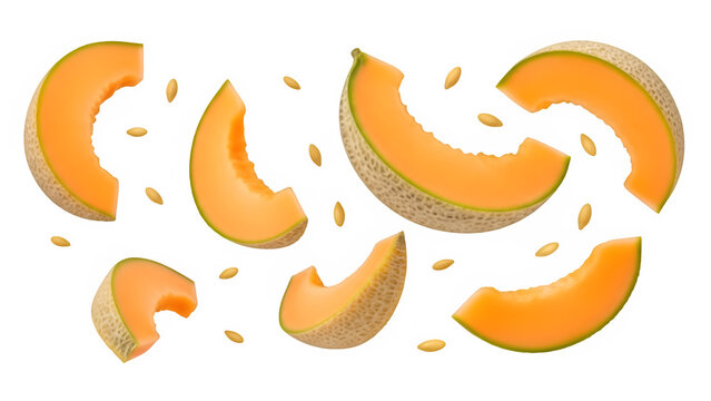 Sliced cantaloupe melon with seeds floating in mid-air, isolated on white or transparent background. PNG