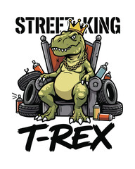 Cartoon t-rex vector illustration sitting on a throne with graffiti elements, ideal for urban apparel prints and whimsical children's designs. © Talia