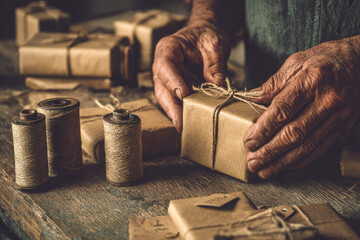 Professional artisan hands wrapping handmade product gift box with brown paper and twine in rustic stockroom showing care and dedication to craft preparation for delivery on wooden table surface