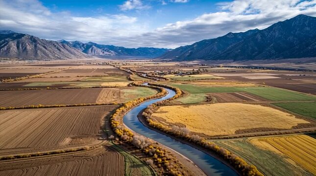 High-altitude drone view of a river carving through farmland like a silver ribbon. Crops form natural borders along the water, showcasing landscape geometry, agriculture, and nature harmony.