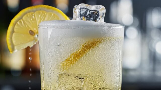 Lemon citrus slice on glass rim with ice cube and fizzy drink condensation, sparkling cocktail glass soda beverage splash, cold chilled effervescent refreshment in summer bar scene