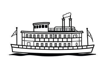 Illustration of a classic paddlewheel steamboat sailing on water.