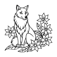 A charming line art illustration of a fox sitting amongst flowers.