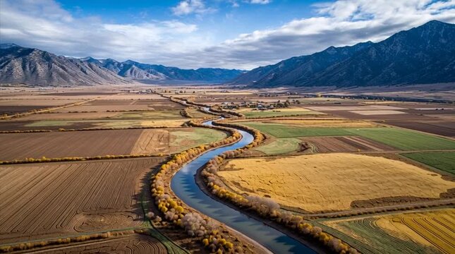 High-altitude drone view of a river carving through farmland like a silver ribbon. Crops form natural borders along the water, showcasing landscape geometry, agriculture, and nature harmony.