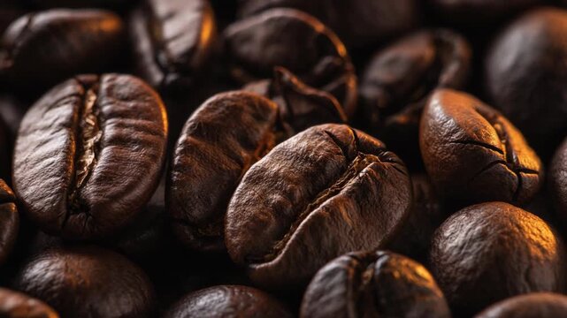 Close-up of roasted coffee beans showcasing rich textures and colors for coffee lovers and culinary enthusiasts