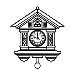 Black and White Illustration of a Traditional Cuckoo Clock.