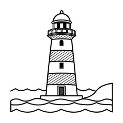 Striped Lighthouse Standing Tall in the Ocean Waves.