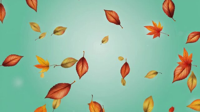 Colorful autumn leaves falling on a soft green background, perfect for seasonal decor and nature themes.
