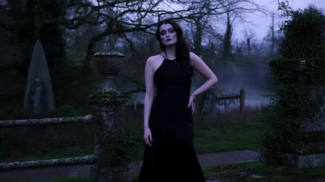 Stylish Female Figure Dressed In Ebony Surrounded By Somber Foggy Tombstones And Leafless Trees