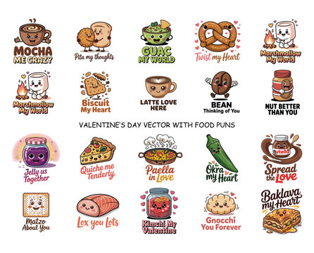 Valentine food puns vector illustrations with cute characters and text Keywords: mocha, coffee