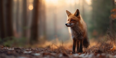 Obraz premium Fox walks through forest during sunset with soft light filtering through trees