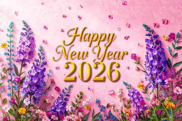 A Bright and joyful New Year 2026 illustration in soft pastel style of purplered Delphinium flowers with golden text Happy New Year 2026 on light pink background.