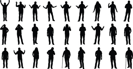 Standing human silhouettes, diverse poses, black and white illustration, gesture variety, posture study, minimal design, artistic grid, body language, reference art