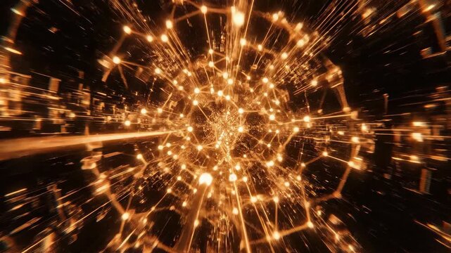 Abstract orange radial burst expanding in video sequence. Glowing energy lines radiating from center on dark background. Digital visualization of light explosion and neural connection concept.