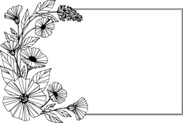 Elegant floral frame with delicate hand-drawn flowers and leaves, perfect for invitations, cards, and announcements, stylish botanical border