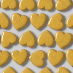 Pattern of yellow heart-shaped jasper stones for Valentine's Day, seamless background design celebrating love and romance, perfect for greeting cards and romantic gift concepts.