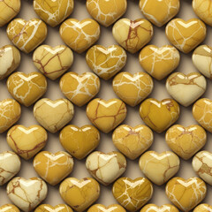 Pattern of yellow heart-shaped jasper stones for Valentine's Day, seamless background design celebrating love and romance, perfect for greeting cards and romantic gift concepts.