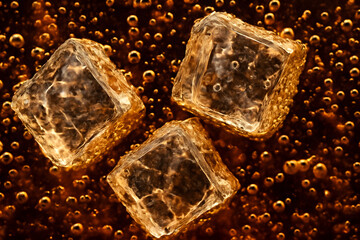 A close-up image of three transparent ice cubes with a golden glow, placed on a dark brown surface filled with numerous small bubbles, creating a sense of depth and texture.