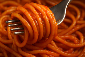 Close-up of a forkful of cooked spaghetti smothered in a rich, vibrant red tomato sauce, with a silver fork and a blurred background of more pasta