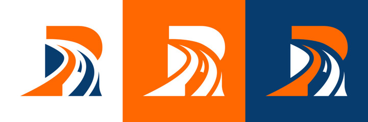 Letter R with road logo, road icon, highway, lane icon, logo design in three colors vector