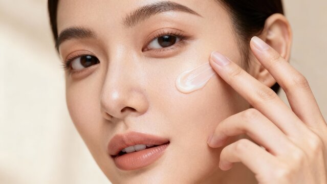 Young adult Asian woman applying hydrating cosmetic cream directly onto her flawless cheek skin with her index finger.