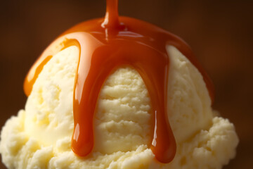 A close-up of a single scoop of vanilla ice cream with a rich, sticky caramel sauce poured over it, set against a warm brown background that highlights the textures of the dessert
