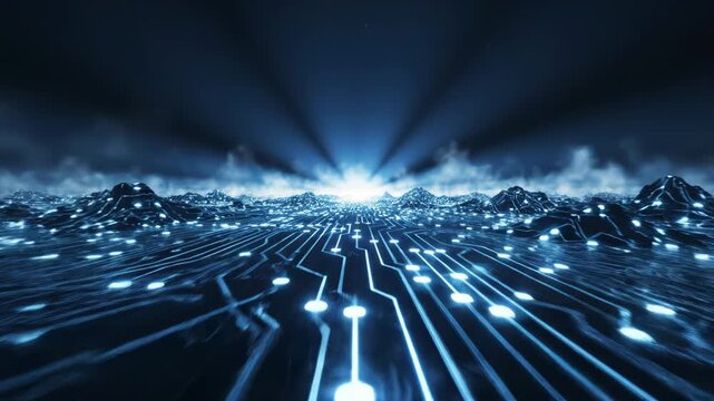 Glowing blue circuit board landscape with mountains in the distance