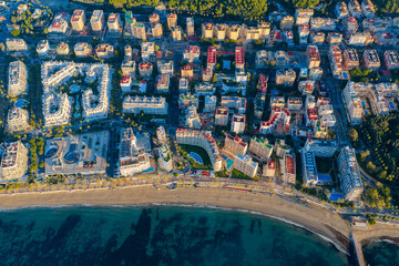 Luxury Living at Dawn: Cinematic 4K Aerial of Marbella&rsquo;s Golden Mile, Featuring Exclusive Beachfront Resorts, the Paseo Mar&iacute;timo, and La Concha Mountain, Costa del Sol, Spain