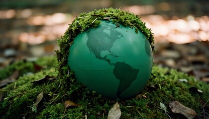 Earth Day - Environment - Green Globe In Forest With Moss And Defocused Abstract Sunlight