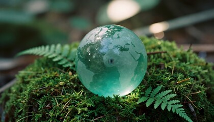 Earth Day - Environment - Green Globe In Forest With Moss And Defocused Abstract Sunlight