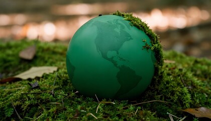 Earth Day - Environment - Green Globe In Forest With Moss And Defocused Abstract Sunlight