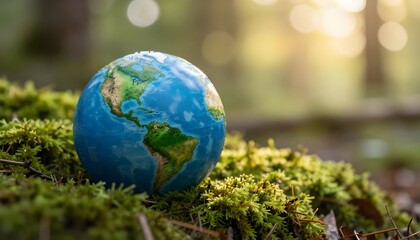 Earth Day - Environment - Green Globe In Forest With Moss And Defocused Abstract Sunlight