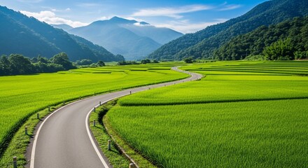 Winding road through vibrant green fields and mountains under blue sky