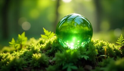 Earth Day - Environment - Green Globe In Forest With Moss And Defocused Abstract Sunlight