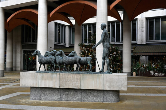 LONDON, UK - NOVEMBER 11, 2025:  Shepherd and Sheep Statue (by Elisabeth Frink) in Paternoster Square, City of London