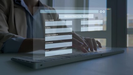Business person filling out a form with personal data online. Personal data information management. Digital online employee form. Human resource concept.	