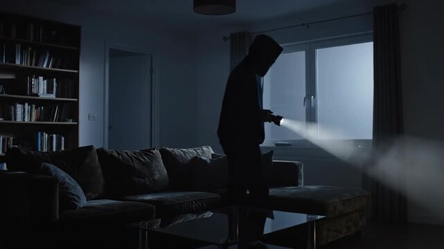 Silhouette of a burglar with a flashlight in a dark living room. A hooded criminal committing a home invasion at night. Theft and property crime concept