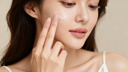 East Asian female model rubbing translucent moisturizing gel onto her cheek with two fingers.