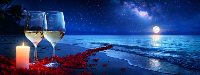 Two glasses of wine and a burning candle are placed on a tropical beach next to a path of rose petals, against a backdrop of the ocean and night sky, creating an atmosphere of romance and comfort