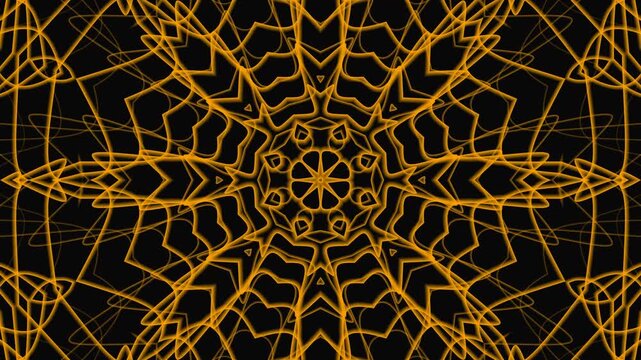 Abstract kaleidoscopic gold pattern on black background for luxurious designs, backgrounds, prints, digital art, or elegant branding materials.