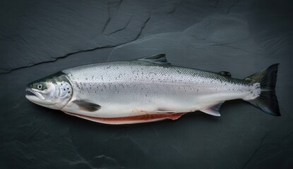 Fresh whole raw salmon fish on a dark slate stone surface
