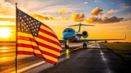 Fototapeta premium American flag near airplane on runway at sunset representing travel and aviation 
