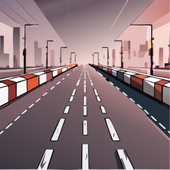Urban Racing Track Perspective with Asphalt Road, Curbs and City Skyline Vector Illustration