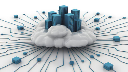 Server towers on a cloud with network cables highlighting cloud computing technology